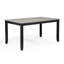 La table rectangulaire de 6 pièces pour ensemble de salle à manger est dotée de larges bancs rembourrés en tissu texturé neutre texturé gris à grain de bois vieilli