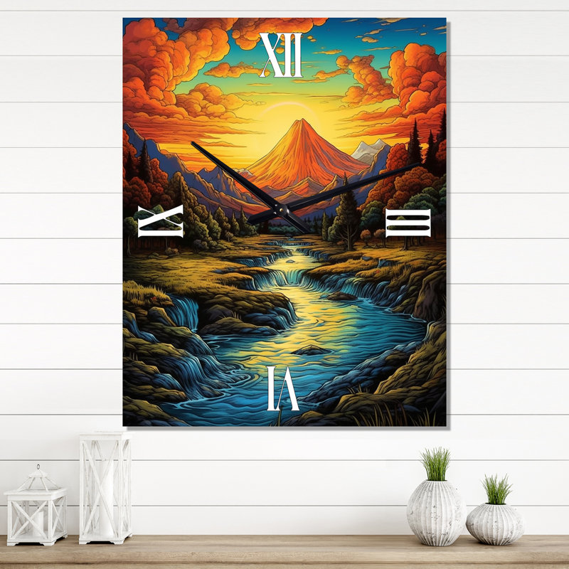 Horloge murale coucher de soleil sur les montagnes enneigées, rivière japonaise II, Médium
