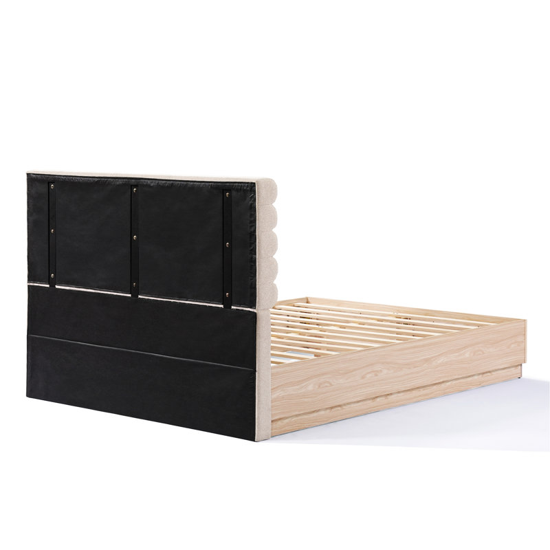 Cadre de grand lit pour chambre à coucher côtière moderne, tête de lit Taupe Boucle, bois de soutien à poids élevé avec tissu de bois franc d'ingénierie recouvert de tissu, système de lattes silencieuses, capacité de poids de 800 livres, facile