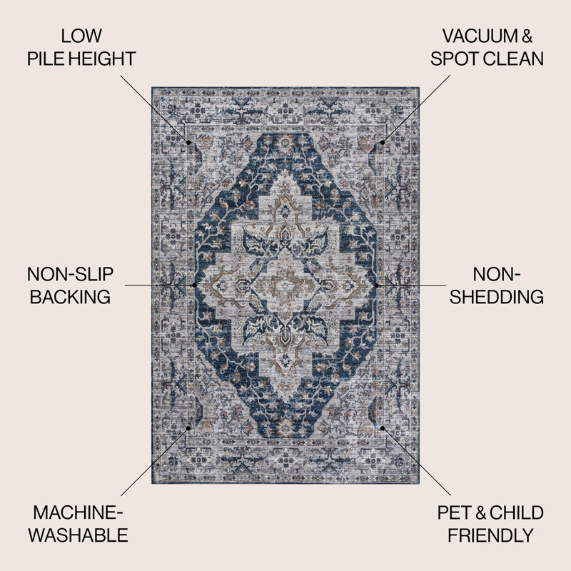 Sarok Boho Medallion Machine-Washable Navy/Light Gray Rug, Rectangle 2'11" x 5'