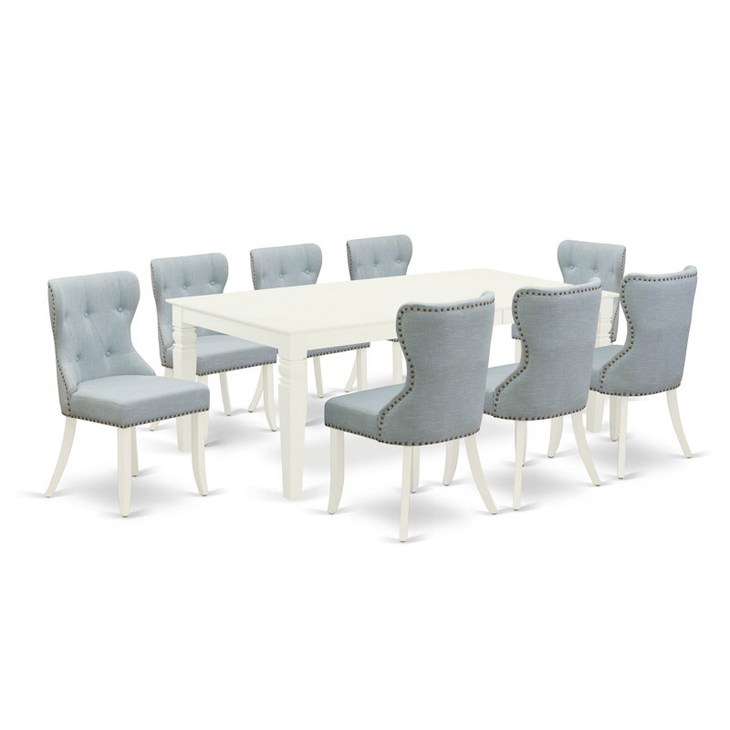 9 Piece Kitchen Table Set Includes a Rectangle Dining Table with Butterfly Leaf and 8 Baby Blue Linen Fabric Parsons Dining Chairs, Linen White