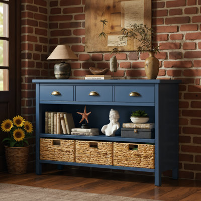 Console rétro avec 3 tiroirs de rangement et paniers tissés, parfaite pour le vestibule, le couloir et l'organisation du salon.