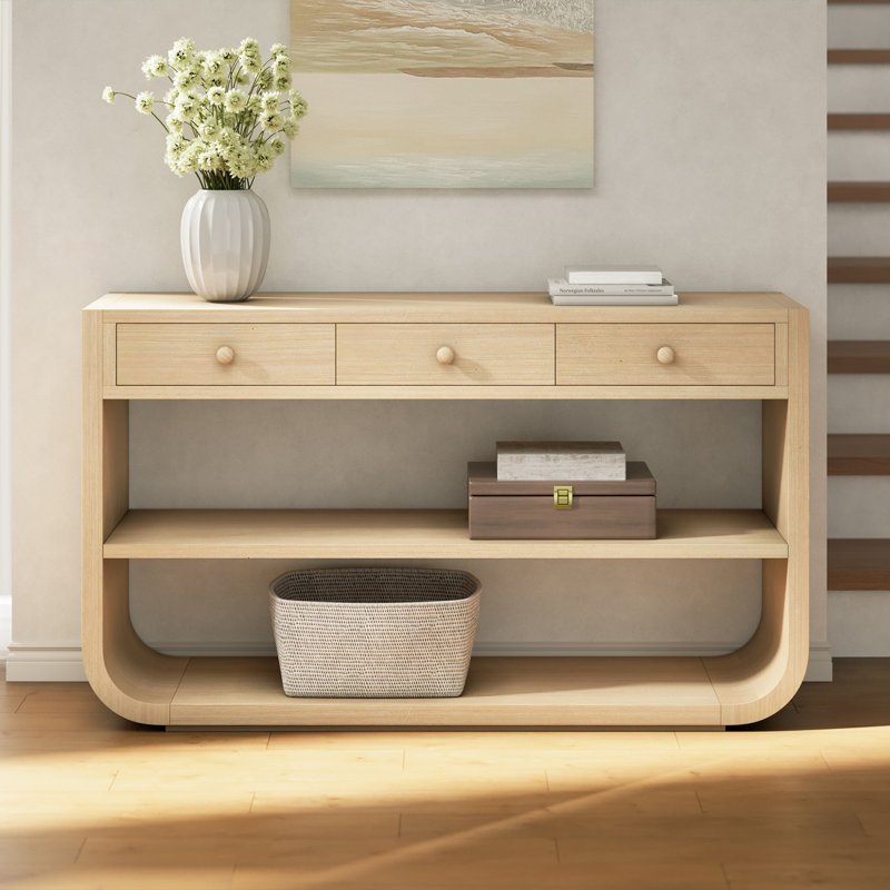 Console avec 3 tiroirs à fermeture en douceur et 2 tablettes ouvertes, Naturel