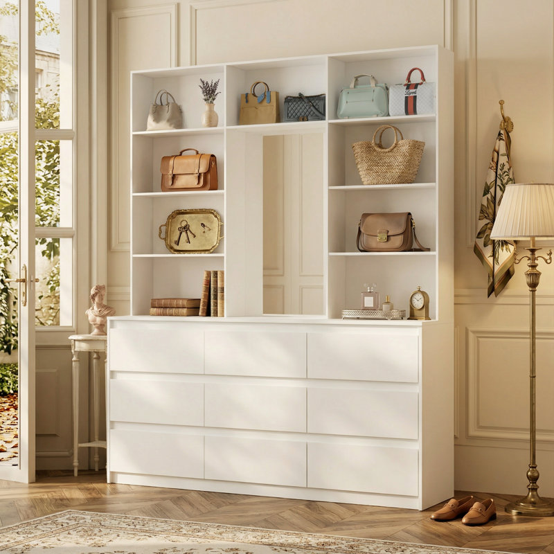 Commode pour femme 9 tiroirs avec miroir de maquillage et 7 tablettes