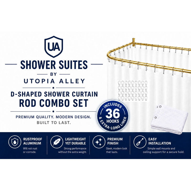 Barre de douche en forme de D pour baignoires îlot, par Utopia Alley : solution complète avec rideau de douche extra-long en tissu et 36 crochets, en aluminium antirouille, 152 cm x 64 cm, couleur or.