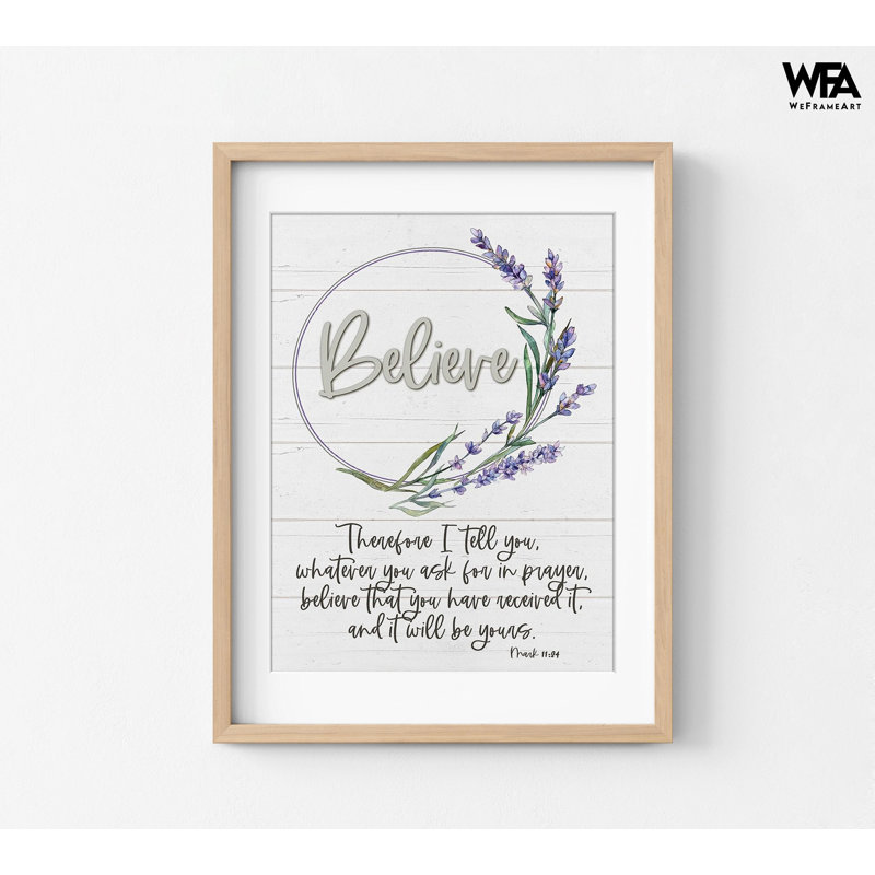 «Believe» par Susie Boyer, impression de Marc 11: 24, très grande fleur mauve, impression d'affiche de verset de la Bible, décor de maison de campagne rustique