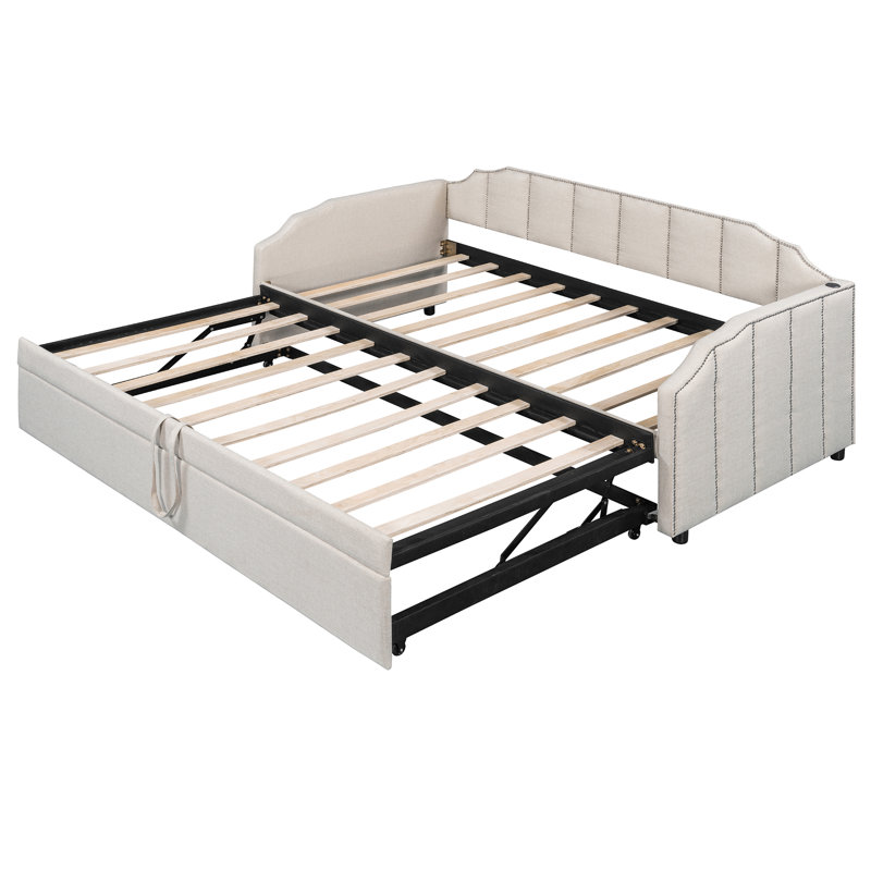 Upholstered Daybed with Pop-Up Trundle & USB Charging Ports, Beige