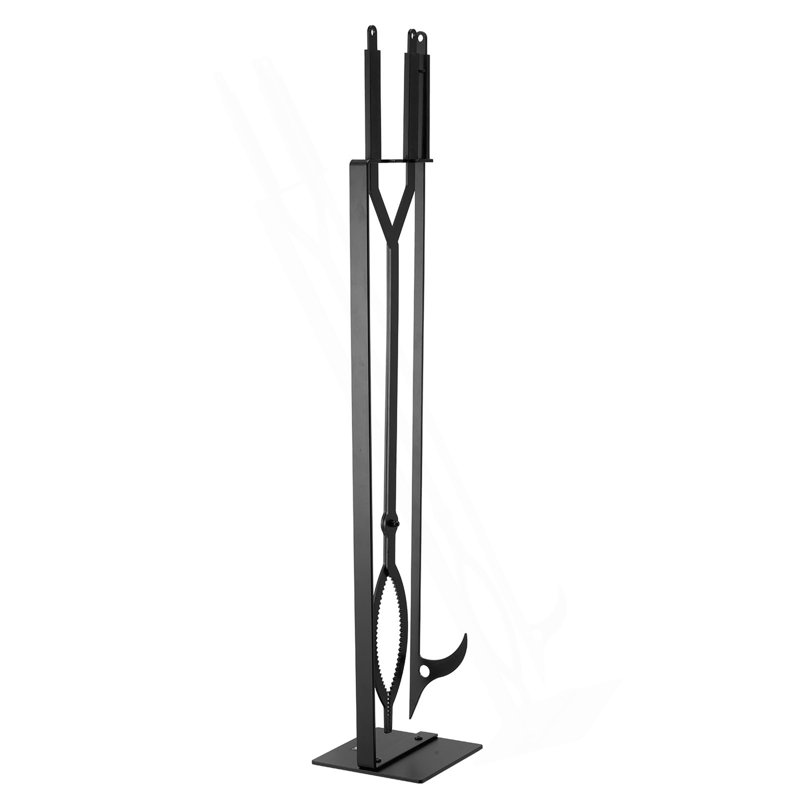 Ensemble d'outils de foyer, ensemble d'outils de feu 3 pièces et support avec support, pinces, tisonnier, accessoires de foyer en fer forgé pour feu de camp intérieur / extérieur, noir