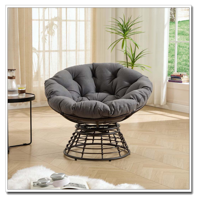 360° Swivel Indoor Outdoor Rattan Chair with Soft Thick Cushion, Gris - 1