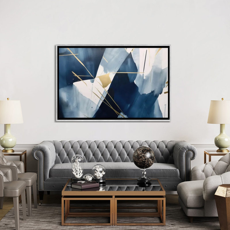 Dark Blue Abstraction III, 40" H x 60" W x 1.5" D, No Mat, Silver Floater Framed Canvas