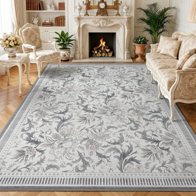 Washable Area Rug, 9x12 Floral Soft Rug for Living Room, Non Slip Low Pile Carpet for Living Room, Bedroom, Dining Room, Grey