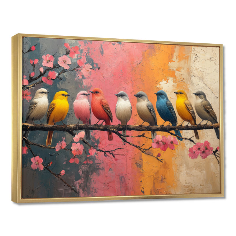 Décoration murale oiseaux blancs et bleus sur une branche florale, Cadre flottant doré, H 16 po x l 32 po