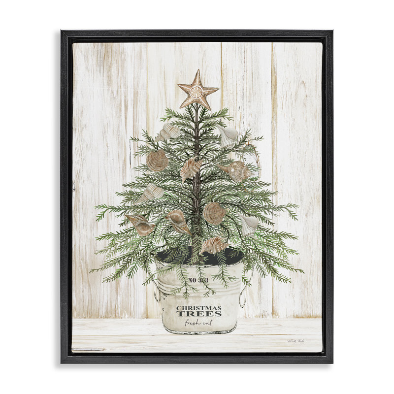 Rustic Seashell Christmas Tree by Cindy Jacobs - Floater Frame Print on Canvas, Jet Black Floater Frame, 21" H x 17" W