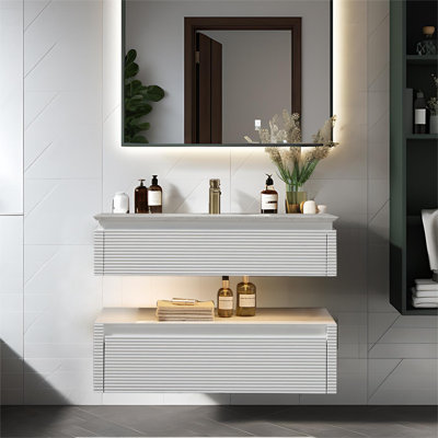 36" Wall-Mounted Bathroom Vanity with Soft-Close Drawers, Engineered Stone Top & Built-In Night Light – White or Green Finish