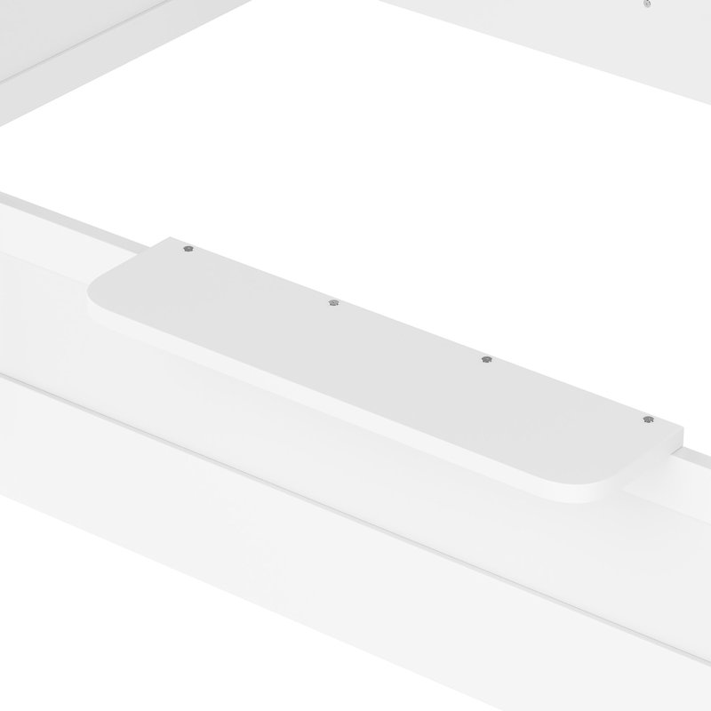 Lit double blanc sur le plancher avec toit, garde-corps, plateau et enseigne pour le confort de l'imagination
