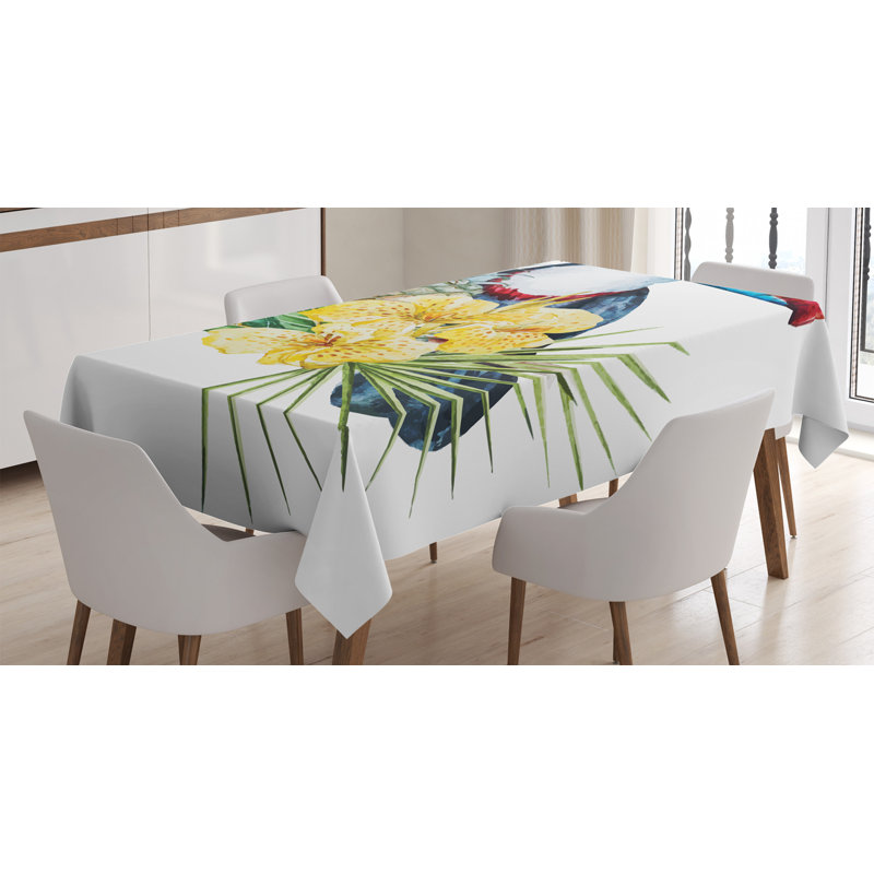 Tropical Animals Tablecloth, Toucan Bird With Exotic Hibiscus And Orchids Flower And Palm Plants Leaf, Rectangular Table Cover For Dining Room Kitchen Decor, 60" X 84", Multicolor