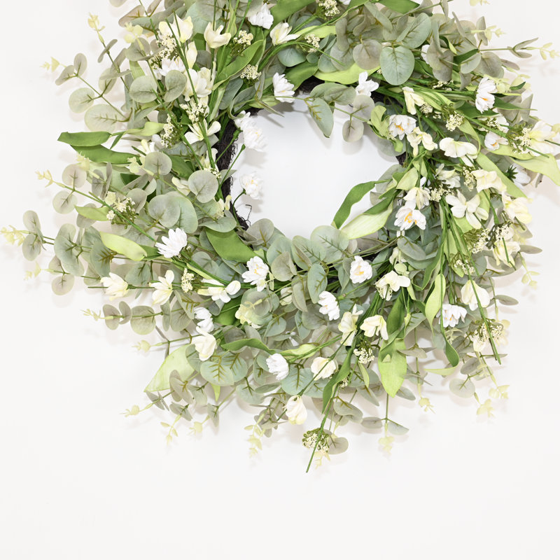 Couronne de porte florale 22 po, Vert/blanc