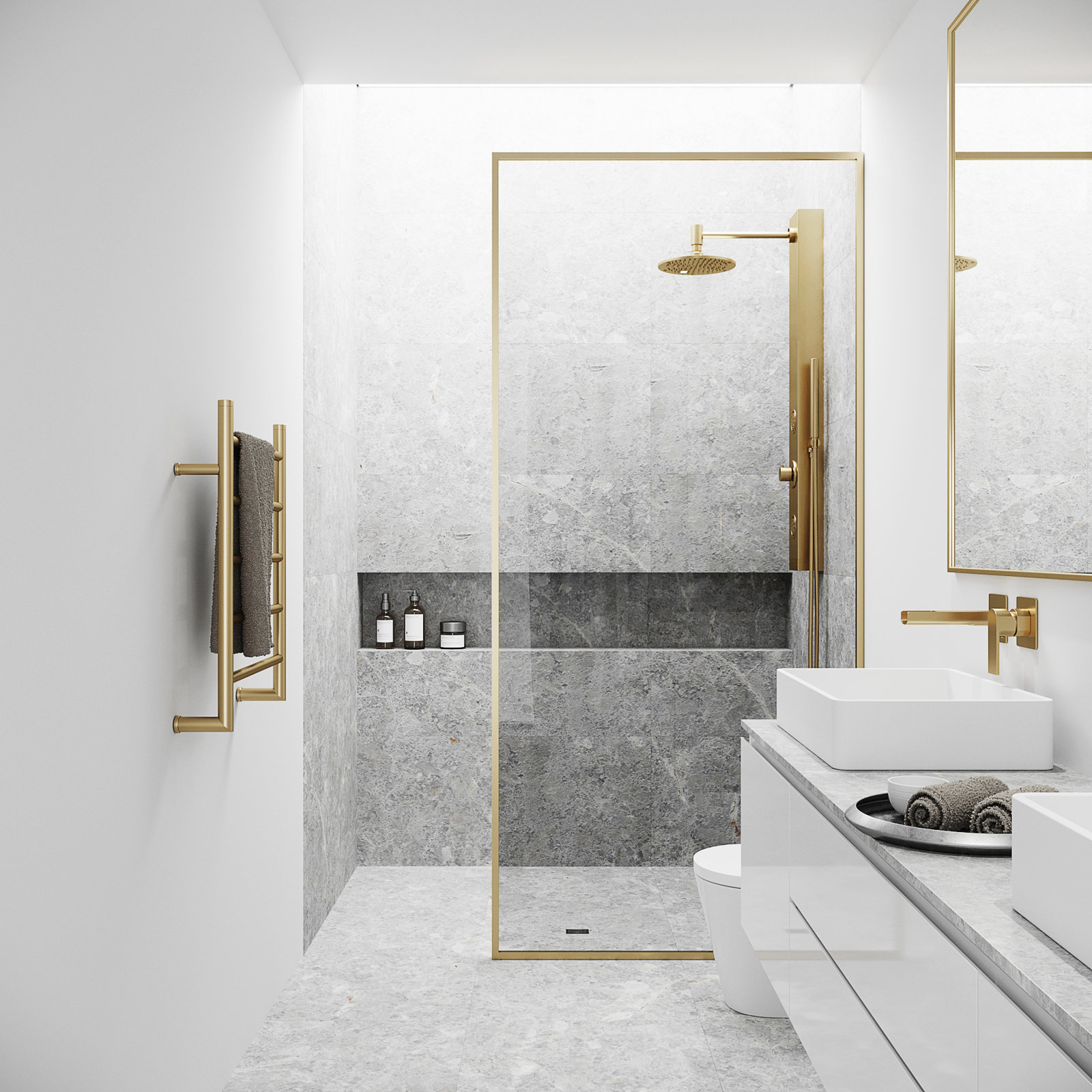 Meridian 34" W x 74" H Fixed Framed Shower Screen with 3/8" Glass, Matte Brushed Gold Clear