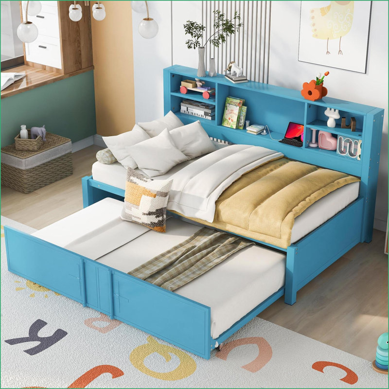 Lit de jour simple en métal avec lit gigogne, tablettes de rangement et amp; Ports USB - Bleu pour les petits espaces, Bleu