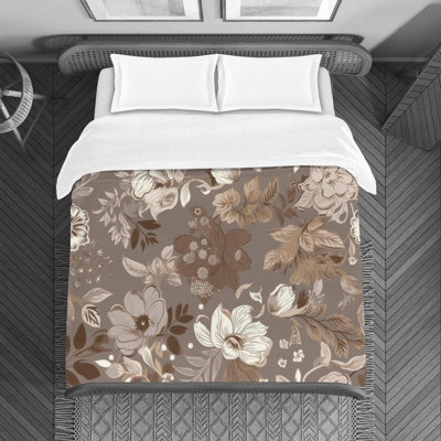 Housse de couette florale en microfibre brun / argent