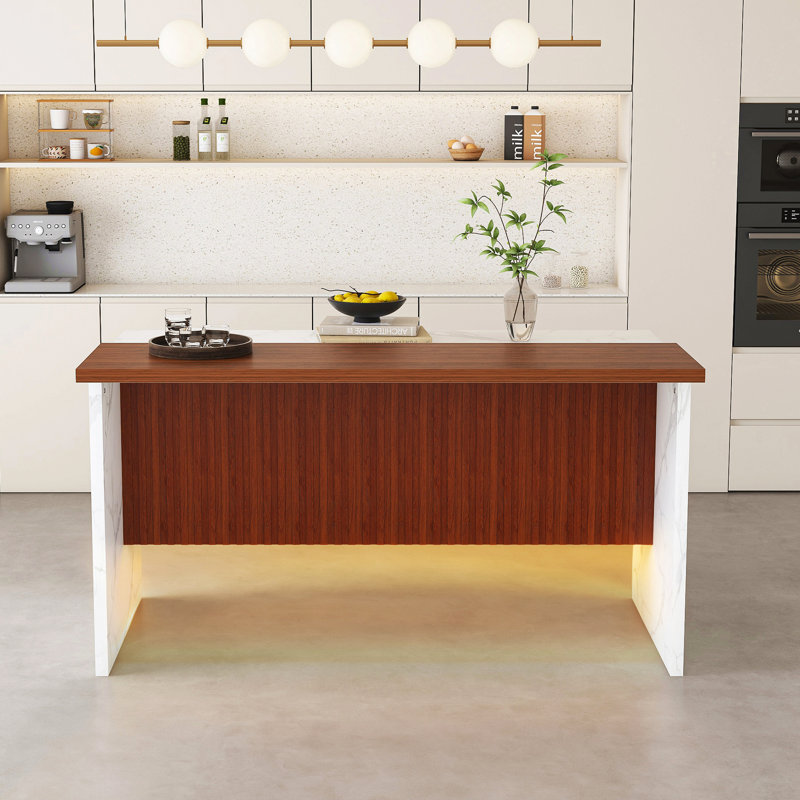 Îlot de cuisine moderne de 63 po avec surface d'aspect marbre, lumières à DEL et grille pour la salle à manger et le salon (îlot seulement)