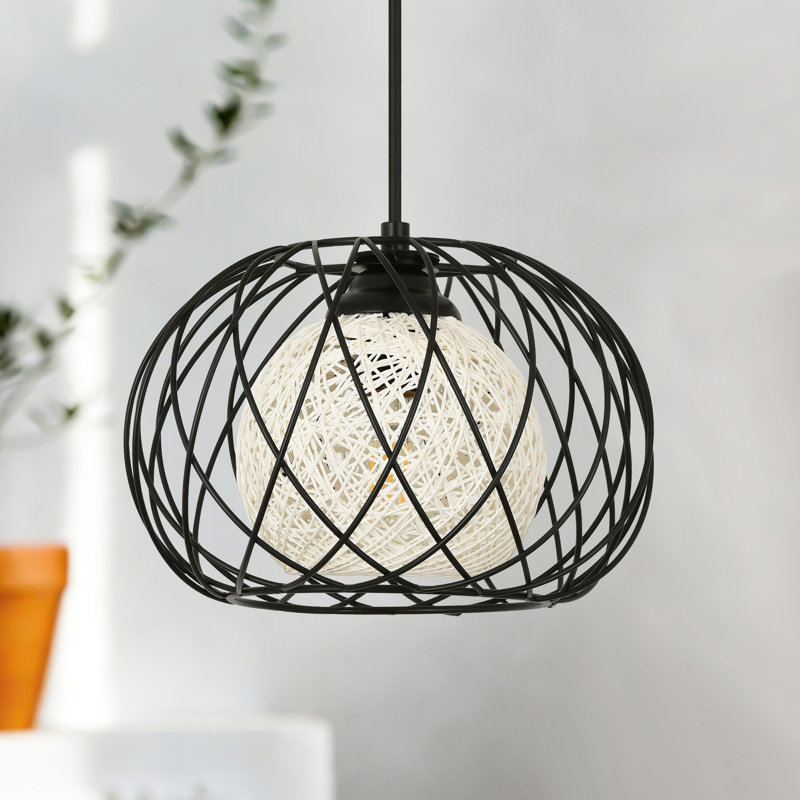 Luminaire suspendu 1 lumière avec cage en métal noir et rotin blanc