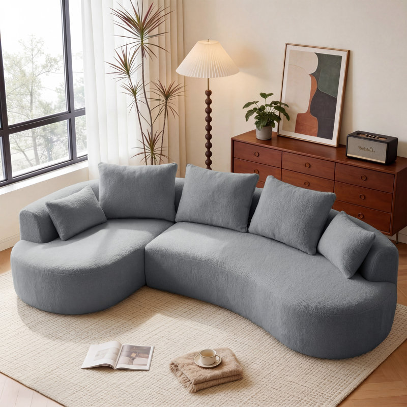 3-Seater Compression Sectional Sofa With L-Shaped Chaise And 5 Pillows, Upholstered Lambswool Fabric Cloud Sofa Couch For Living Room, Office, Tool-Free Assembly