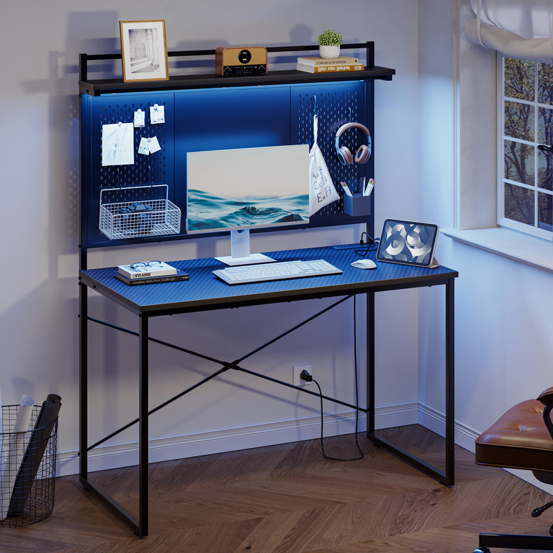 39'' Computer Desk With Hutch and Pegboard, Home office Desks with Power Outlet, Gaming Desks with LED Light and Hooks, Black