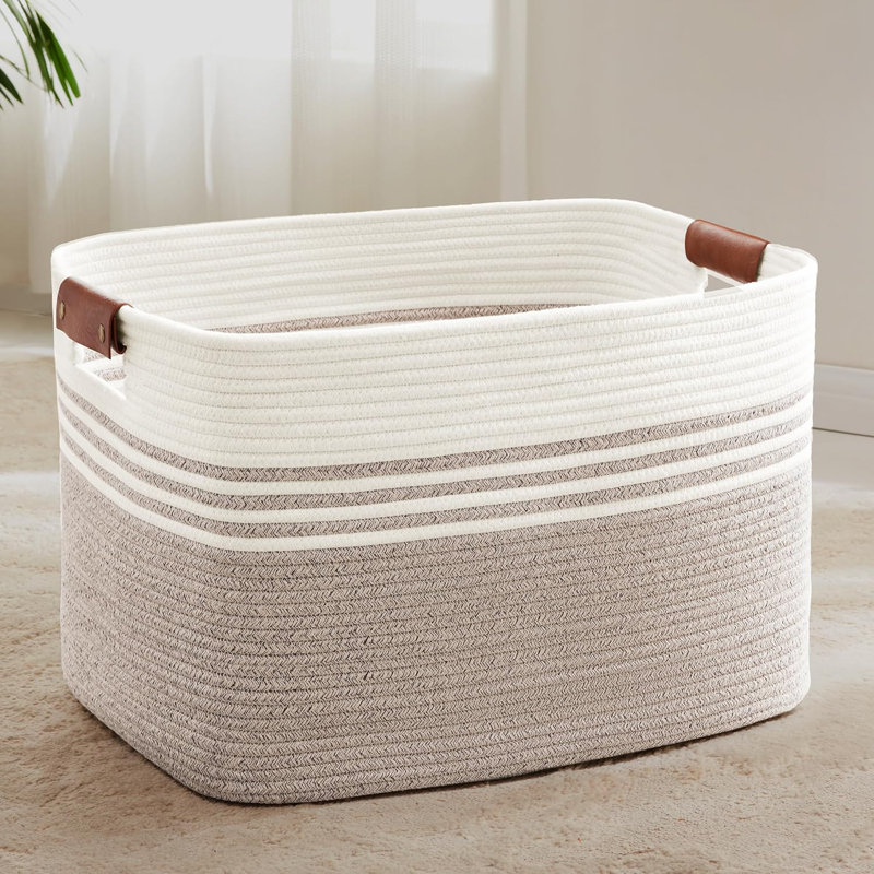 B0FNQPG7W486L Très grand panier à linge avec poignées en cuir pour le rangement dans le salon. 24 po x 16 po x 14 po, blanc