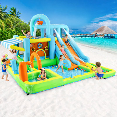 Jeu gonflable 10 dans 1 glissade double avec piscine et auvent pare-soleil, maisonnette de jeu avec 2 longues glissades d'eau,