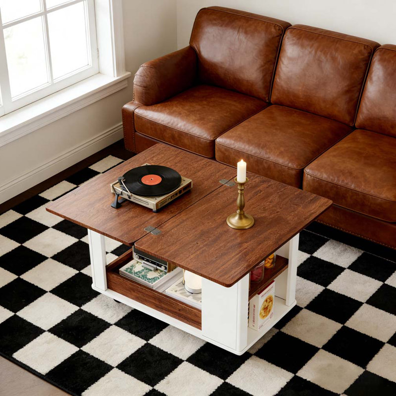 Table basse / table d'appoint moderne 27,6 po avec plateau pliable, Noyer, blanc