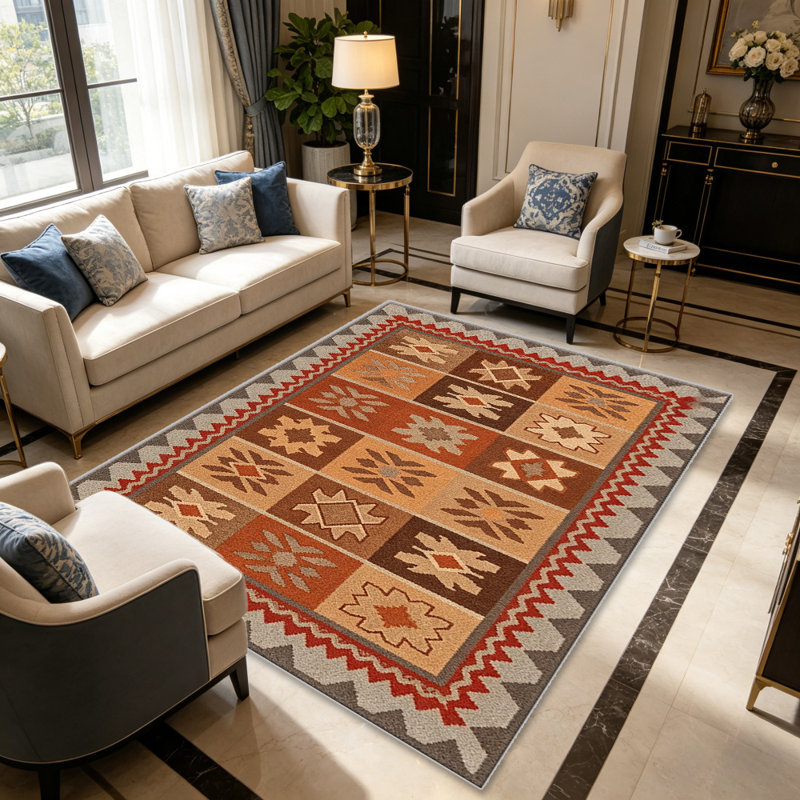 Brown Ethnicarea rugs for Living Room, Soft and Comfortable, Suitable for all seasons, easy to maintain, machine washable Indoor floor mat, Under Table Farmhouse suitable for Bedroom, Dining Room, Study, Patio, Balcony, Home Decor