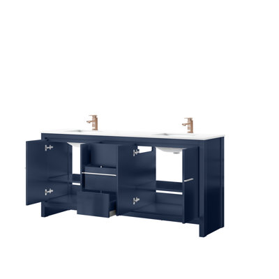 Ensemble de meuble-lavabo double bleu marine l 72 po x P 20 po, comptoir en quartz blanc et robinet en or rose