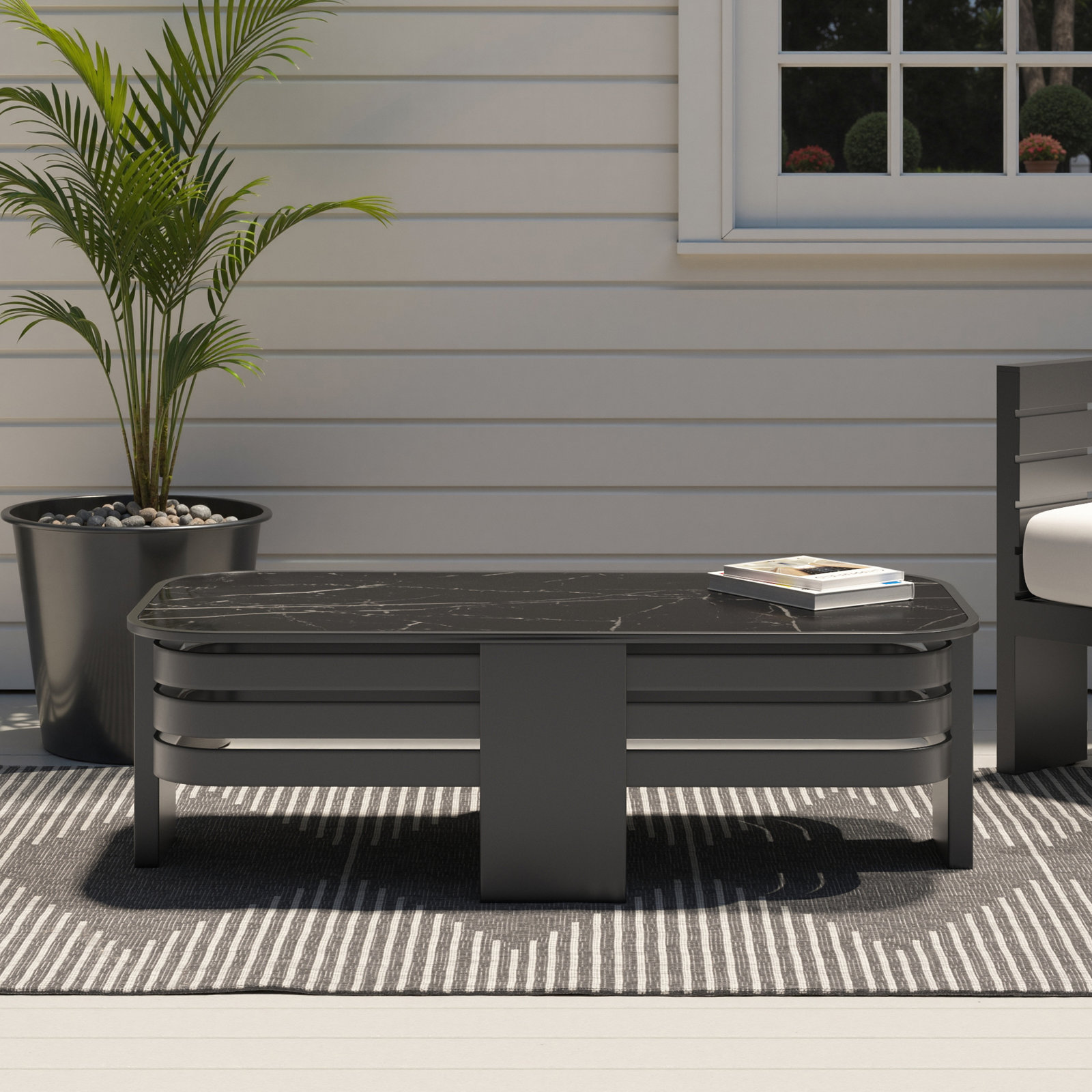 Ari 47" Aluminum Outdoor Coffee Table, Black/White, Sinister Stone