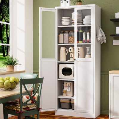 Armoire de cuisine blanche en métal, hauteur de 72 po, 5 tablettes réglables, assemblage par outils, portes magnétiques silencieuses, organisateur d'ancrage mural avec portes robustes, idéale pour