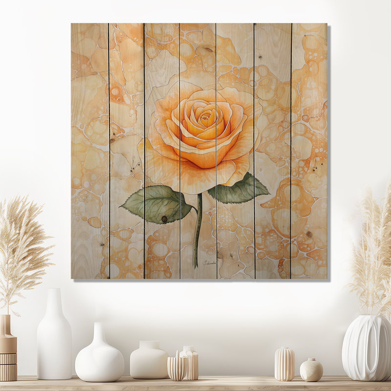 Gemme citrine beige pétales de rose III - Art mural traditionnel sur bois de pin naturel, H 25 po x l 25 po