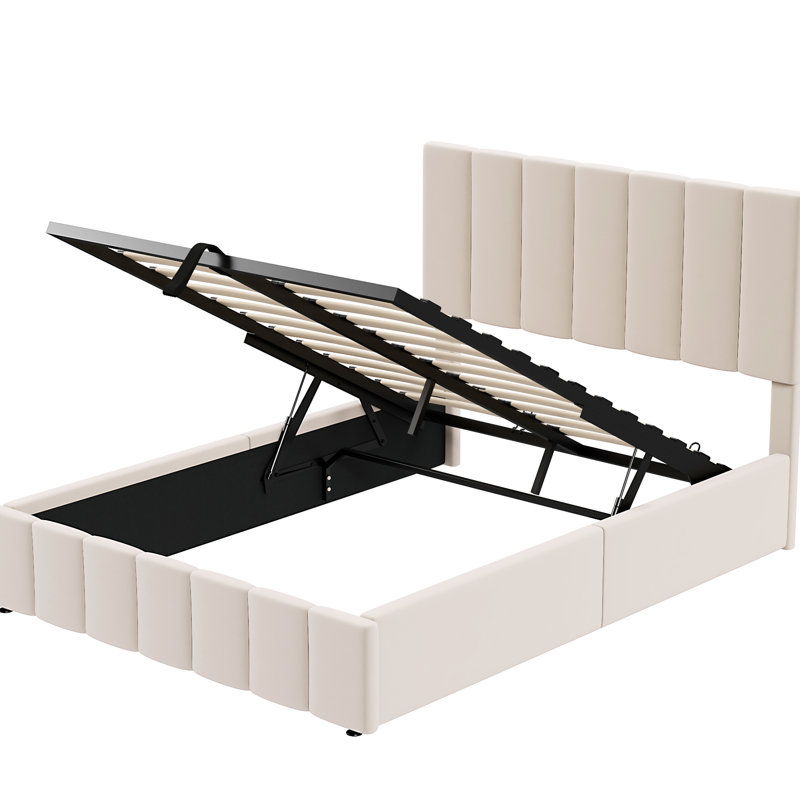 Lit plateforme tapissier beige avec rangement hydraulique fiable