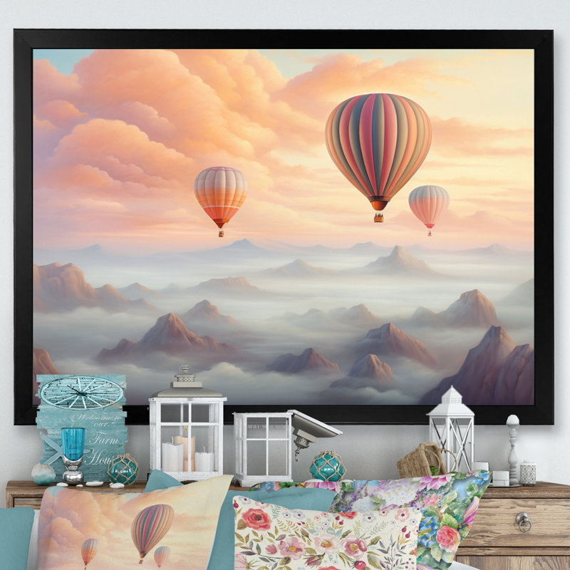 Pink Hot Air Ballon Ethereal II - Transportation Canvas Wall Art, H 30 po x l 40 po x P 1,5 po, Cadre photo noir