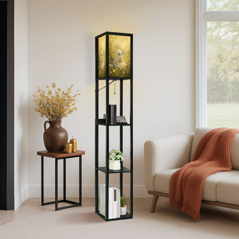 Lampe sur pied à DEL à intensité variable avec motif de fantômes, thé des prés sous la lumière dorée, lampe sur pied en bois aggloméré avec télécommande, lumière 3 couleurs, pour le salon, la chambre à coucher