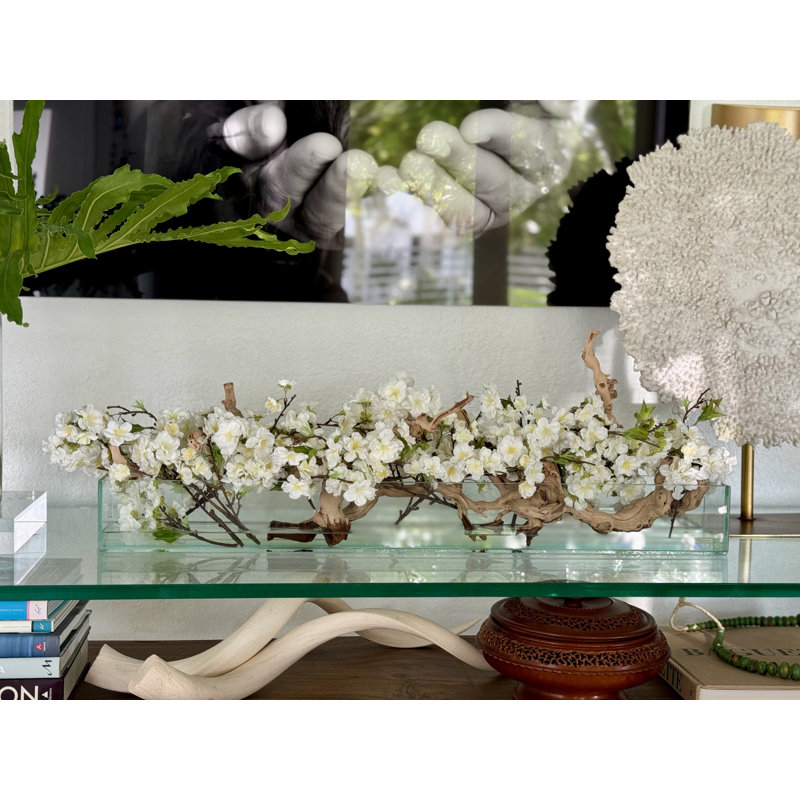 Cherry Blossoms In Glass Planter, 8" H x 38" W x 6" D