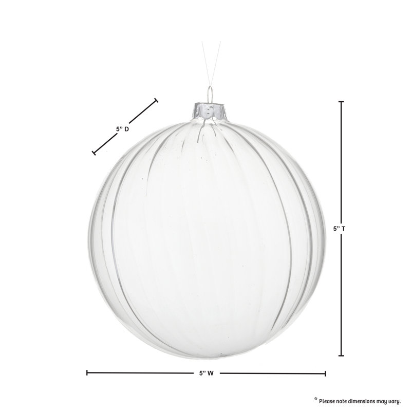 5" Glass Clear Stripe Ball Ornament, Clear