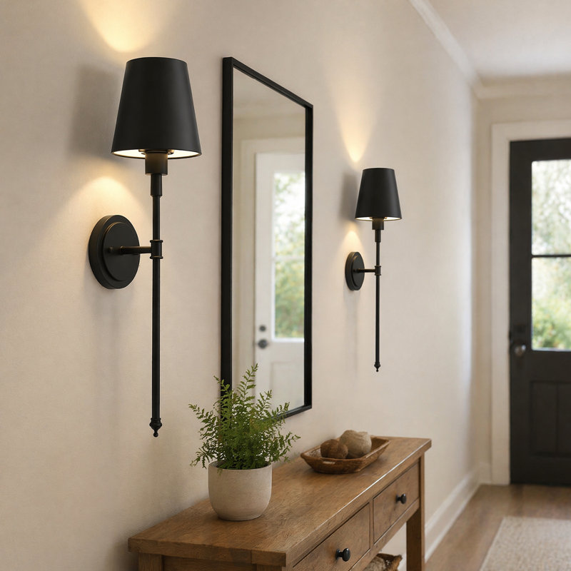 Applique murale à bras 24,6 po avec abat-jour traditionnel, Noir mat, Matte Black