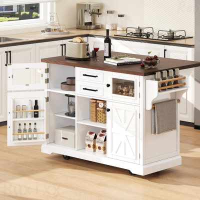 54.9" Kitchen Island With Drop Leaf, Power Outlet, Kitchen Storage Cart With 4 Door Shelves, Cross Barn Doors & Visual Glass Door, Rolling Kitchen Island On 4 Wheels For Kitchen, Dining Room
