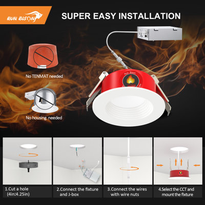 12pk 4inch Fire Rated Canless Baffle Downlight,2 hours Fire Rating ,5CCT,800Lm,IC Rated,Dimmable