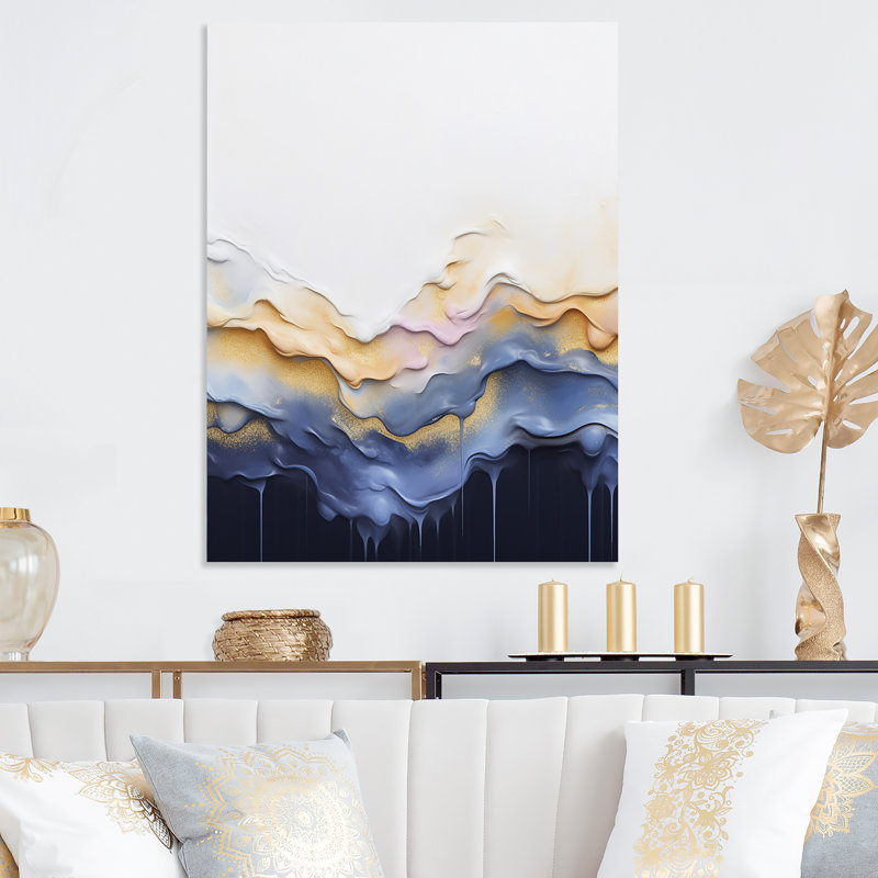 Encre liquide bleue et jaune Waterfall I - encre liquide, art mural abstrait en métal, H 32 po x l 24 po x P 1 po