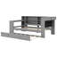 Lit plateforme simple en bois avec lit gigogne, tablettes de rangement, bureau, tête de lit tapissier à DEL et station de charge, coussin gris et gris-57410575