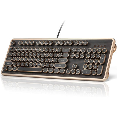 RK104 Retro Mechanical Keyboard, Wired Full-Size 104 Keys with Typewriter Round Keycaps, Wooden Grain, N-Key Rollover, Green Linear Switches, Ideal fo