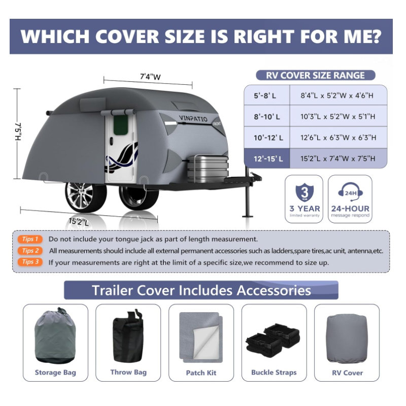 Teardrop Camper Cover,Fits Trailers,7 Layers Top Heavy Duty Camper Cover with Windproof Strap, Fits 12-15ft