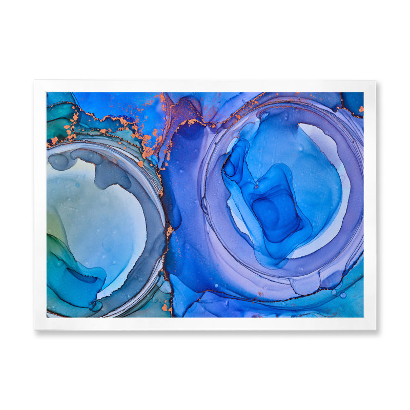 Bleu luxueux abstrait fluide XXII - Peinture sur toile, H 12 po x l 20 po, Cadre de coin blanc fermé