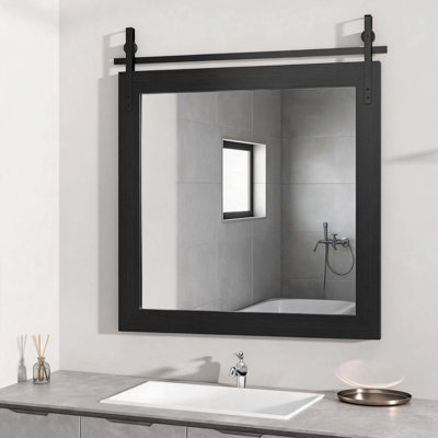31"×31" Rustic Wood‑Framed Farmhouse Wall Mirror, Black Vintage Barn‑Door‑Style Vanity Mirror, Wall‑Mounted Decorative Mirror for Bathrooms